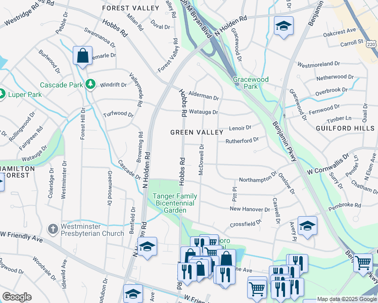 map of restaurants, bars, coffee shops, grocery stores, and more near 1212 Hobbs Road in Greensboro