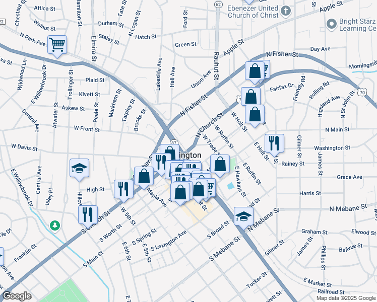 map of restaurants, bars, coffee shops, grocery stores, and more near 156 South Church Street in Burlington