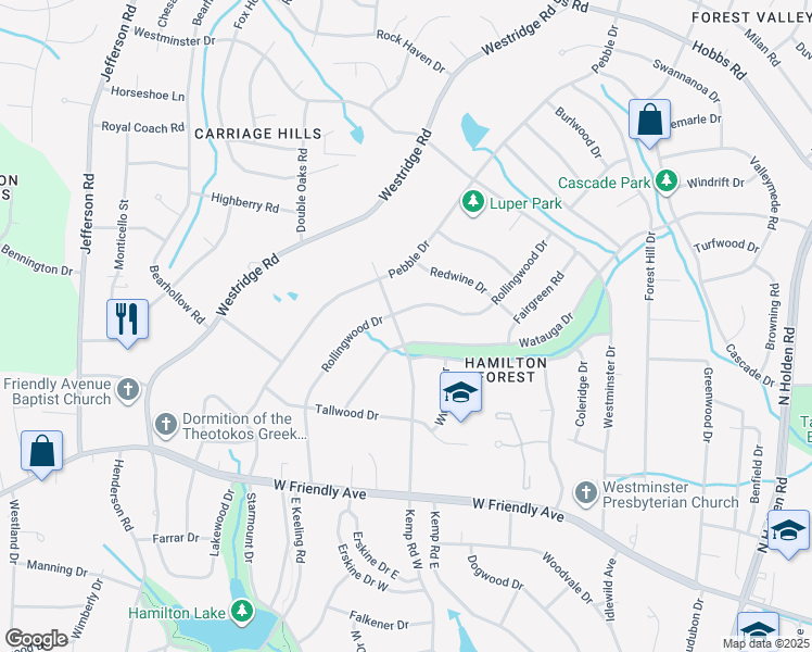 map of restaurants, bars, coffee shops, grocery stores, and more near 3920 Watauga Drive in Greensboro