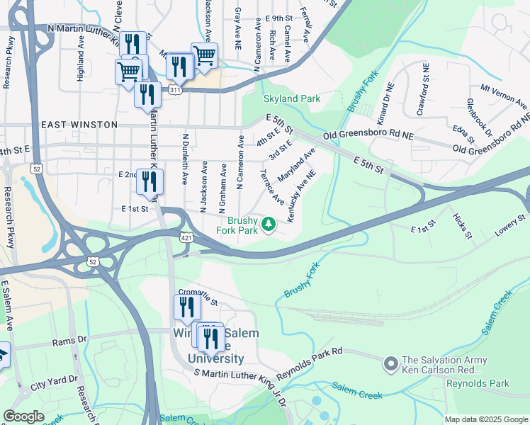 map of restaurants, bars, coffee shops, grocery stores, and more near 1829 Kentucky Avenue Northeast in Winston-Salem