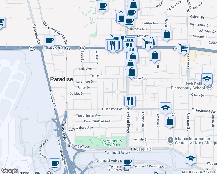 map of restaurants, bars, coffee shops, grocery stores, and more near 5146 Gray Lane in Las Vegas