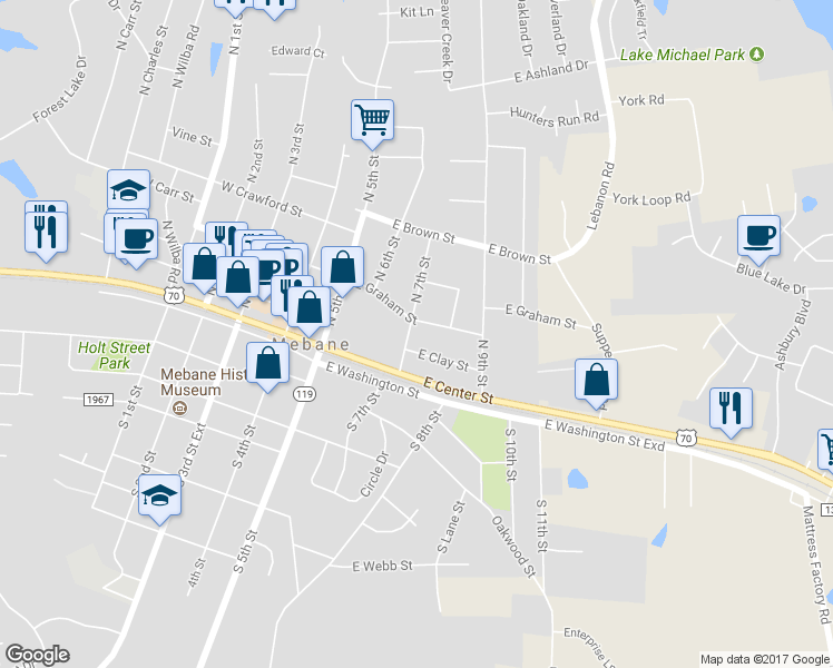 map of restaurants, bars, coffee shops, grocery stores, and more near 202 North 7th Street in Mebane