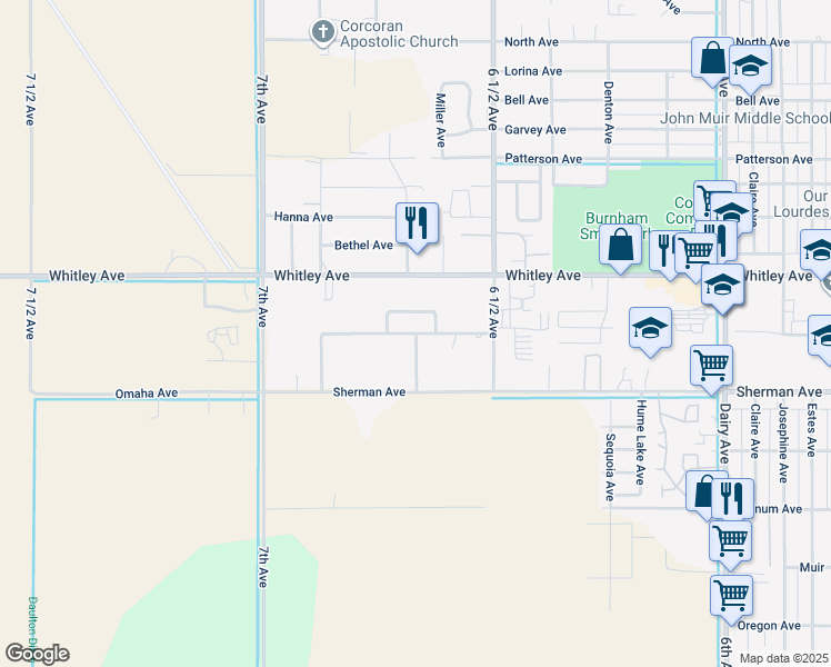 map of restaurants, bars, coffee shops, grocery stores, and more near Olympic Avenue in Corcoran