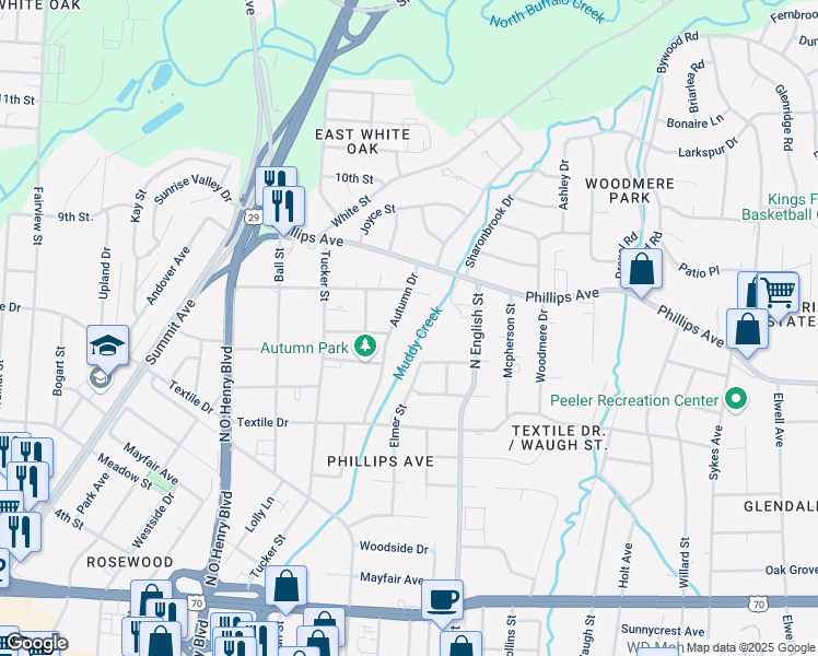 map of restaurants, bars, coffee shops, grocery stores, and more near 1508 Autumn Drive in Greensboro