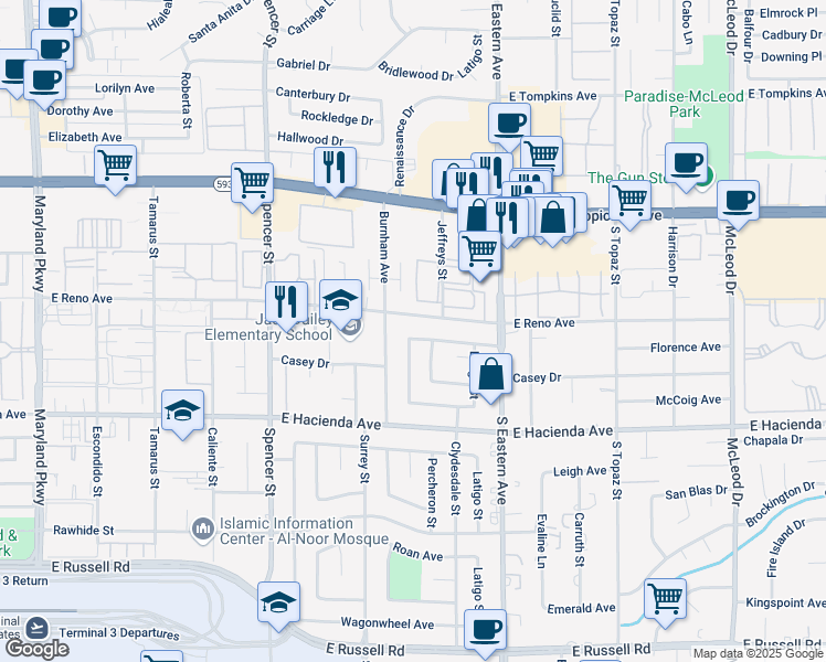 map of restaurants, bars, coffee shops, grocery stores, and more near 2254 Florence Avenue in Las Vegas