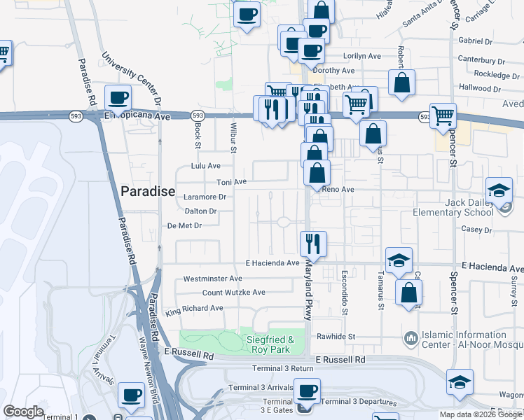 map of restaurants, bars, coffee shops, grocery stores, and more near 5146 Gray Lane in Las Vegas