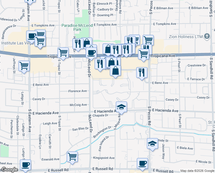 map of restaurants, bars, coffee shops, grocery stores, and more near 3147 Key Largo Drive in Las Vegas