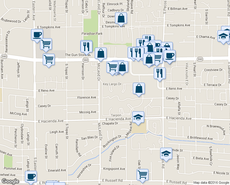 map of restaurants, bars, coffee shops, grocery stores, and more near 3147 Key Largo Drive in Las Vegas