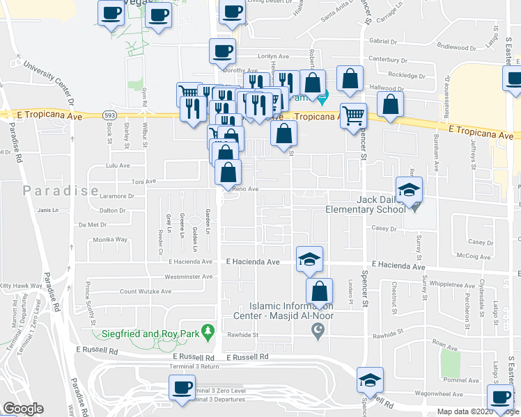 map of restaurants, bars, coffee shops, grocery stores, and more near 1364 Pattee Circle in Las Vegas