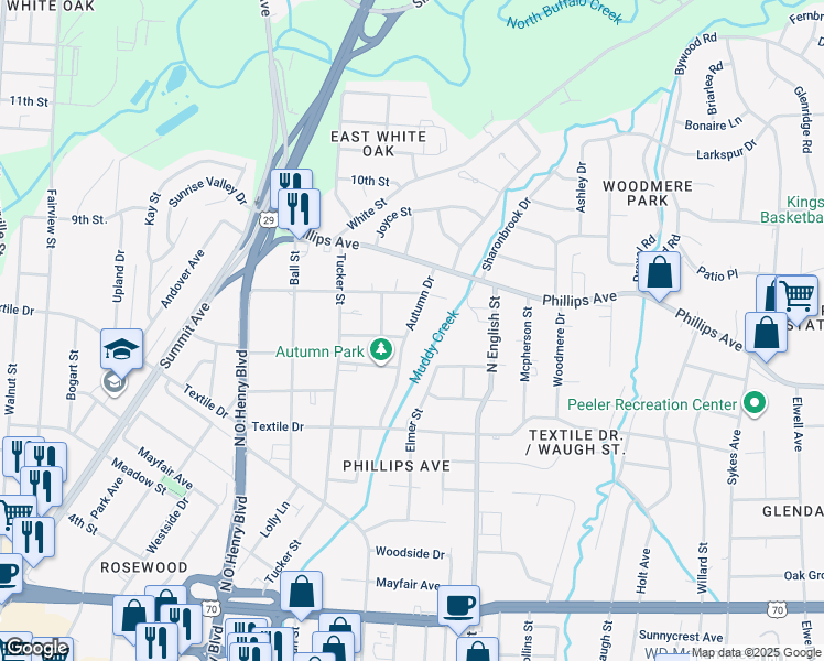 map of restaurants, bars, coffee shops, grocery stores, and more near 1728 Boone Street in Greensboro