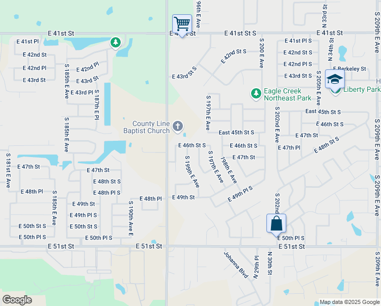 map of restaurants, bars, coffee shops, grocery stores, and more near 4622 South 195th East Avenue in Broken Arrow