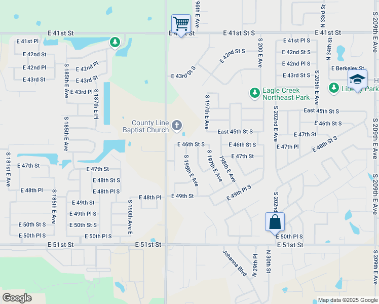 map of restaurants, bars, coffee shops, grocery stores, and more near 4622 South 195th East Avenue in Broken Arrow