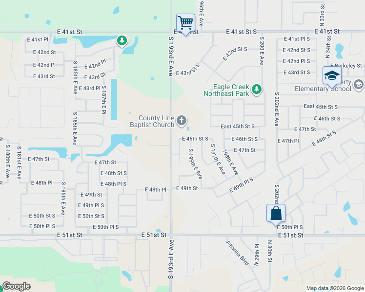 map of restaurants, bars, coffee shops, grocery stores, and more near 4622 South 195th East Avenue in Broken Arrow