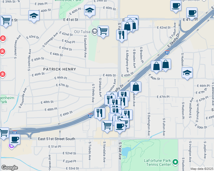 map of restaurants, bars, coffee shops, grocery stores, and more near 4644 South Winston Avenue in Tulsa