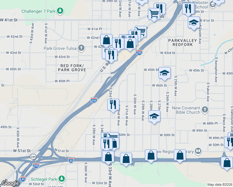 map of restaurants, bars, coffee shops, grocery stores, and more near 4636 South 32nd West Avenue in Tulsa