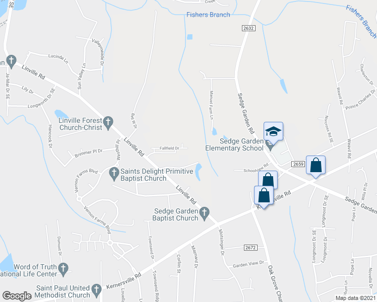 map of restaurants, bars, coffee shops, grocery stores, and more near 4912 Fallfield Drive in Kernersville