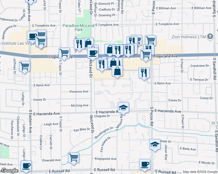 map of restaurants, bars, coffee shops, grocery stores, and more near 3147 Key Largo Drive in Las Vegas