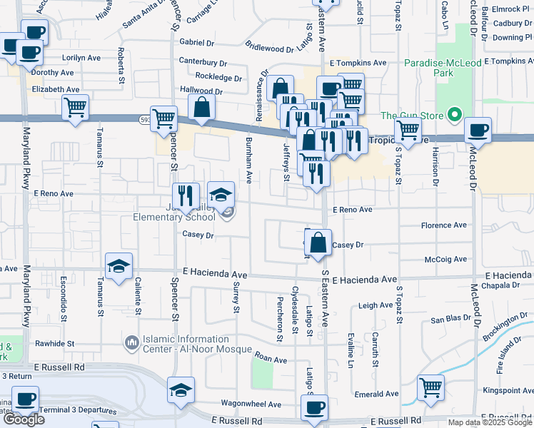 map of restaurants, bars, coffee shops, grocery stores, and more near 2254 Florence Avenue in Las Vegas