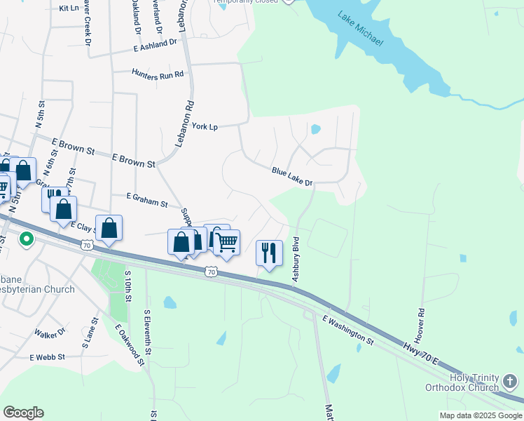 map of restaurants, bars, coffee shops, grocery stores, and more near 101 Starling Street in Mebane