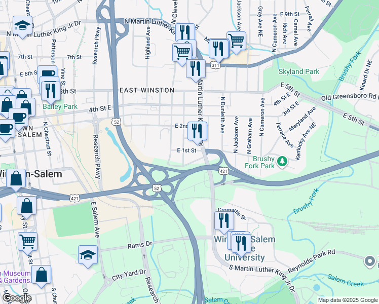 map of restaurants, bars, coffee shops, grocery stores, and more near 1308 East 1st Street in Winston-Salem