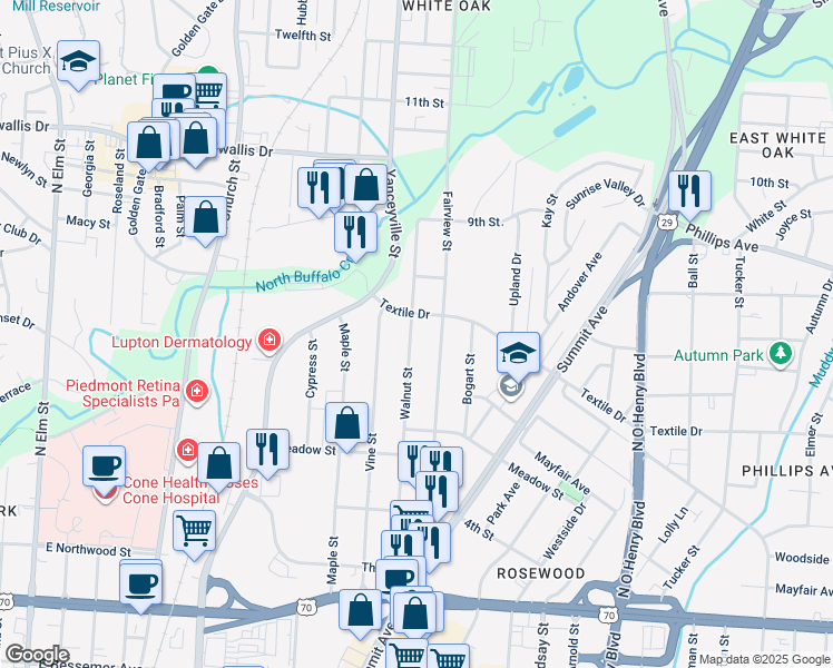 map of restaurants, bars, coffee shops, grocery stores, and more near 1418 Walnut Street in Greensboro