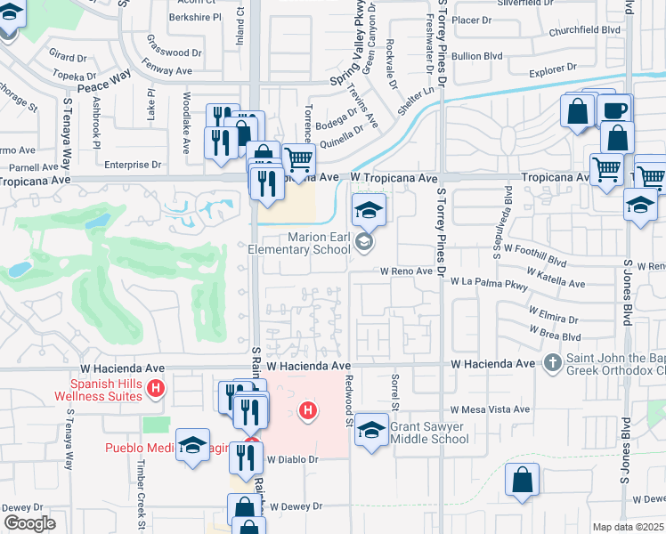 map of restaurants, bars, coffee shops, grocery stores, and more near 5050 South Rainbow Boulevard in Las Vegas