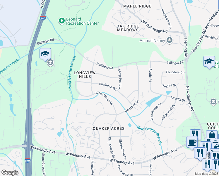 map of restaurants, bars, coffee shops, grocery stores, and more near 6107 Buckhorn Road in Greensboro