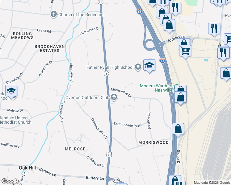 map of restaurants, bars, coffee shops, grocery stores, and more near 4200 Franklin Pike in Nashville