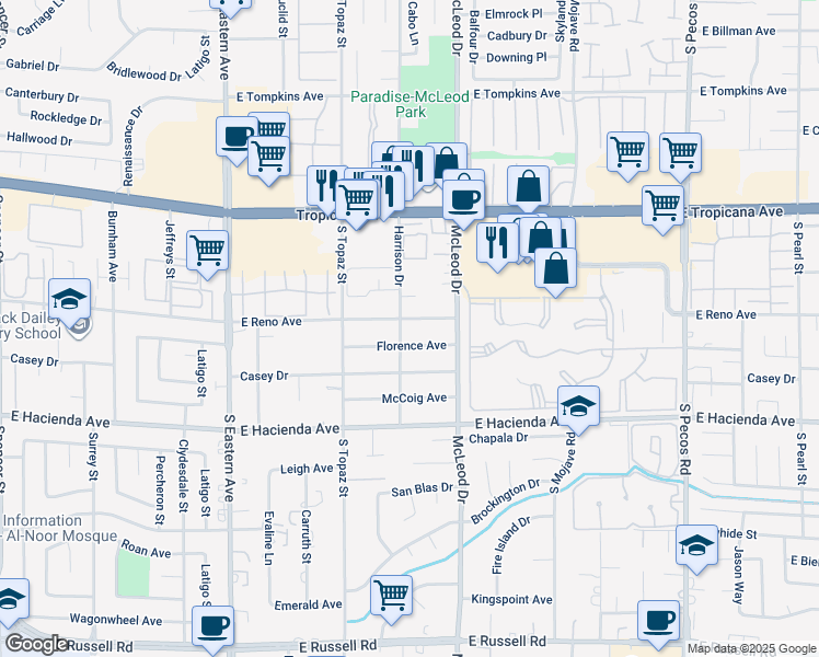 map of restaurants, bars, coffee shops, grocery stores, and more near 5114 Harrison Drive in Las Vegas