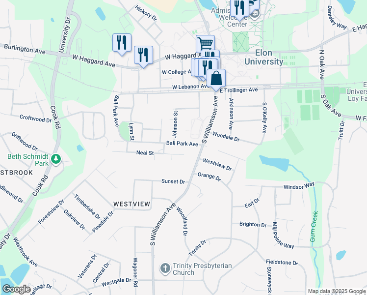 map of restaurants, bars, coffee shops, grocery stores, and more near 119 Ball Park Avenue in Elon