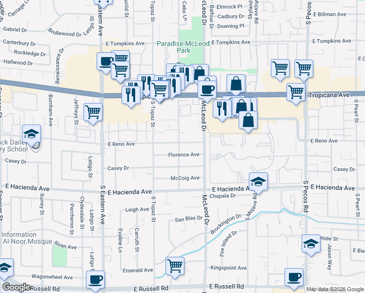 map of restaurants, bars, coffee shops, grocery stores, and more near 5114 Harrison Drive in Las Vegas