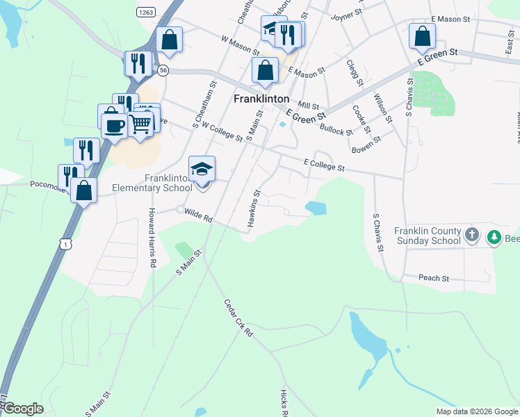 map of restaurants, bars, coffee shops, grocery stores, and more near 2 Wilder Drive in Franklinton