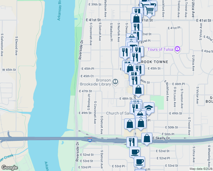 map of restaurants, bars, coffee shops, grocery stores, and more near 4633 South Detroit Avenue in Tulsa