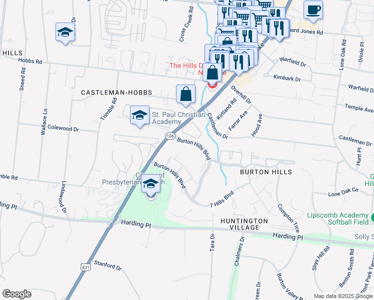 map of restaurants, bars, coffee shops, grocery stores, and more near 1 Burton Hills Boulevard in Nashville