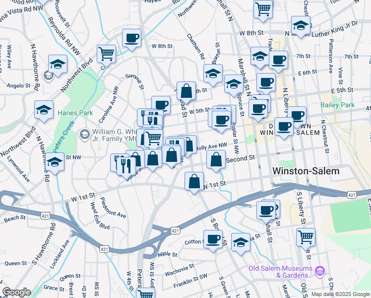 map of restaurants, bars, coffee shops, grocery stores, and more near 809 Holly Avenue Northwest in Winston Salem