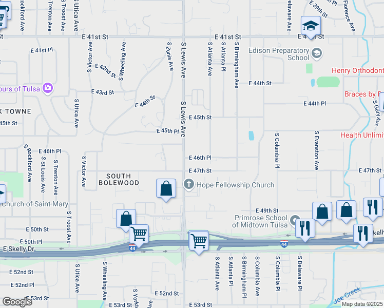 map of restaurants, bars, coffee shops, grocery stores, and more near in Tulsa