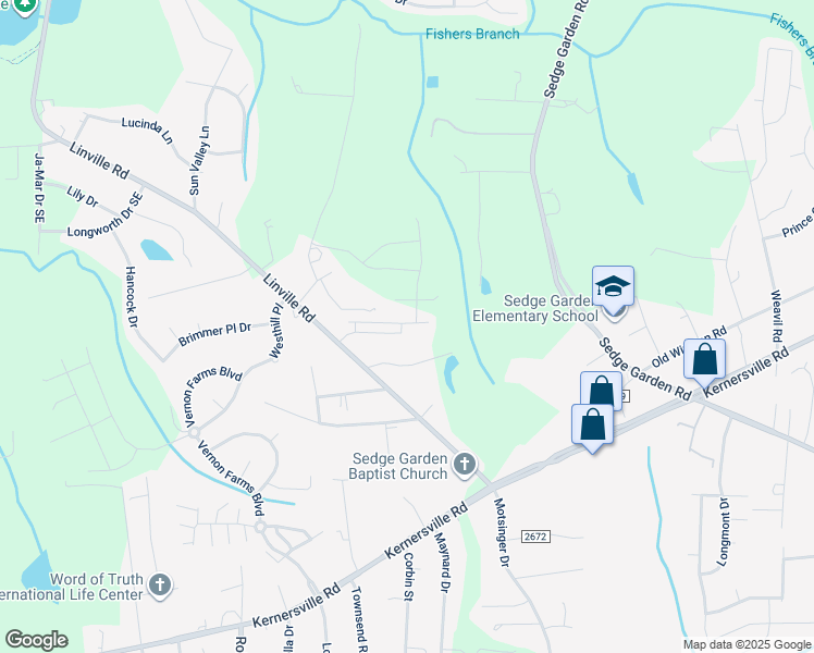 map of restaurants, bars, coffee shops, grocery stores, and more near 4872 Fallfield Drive in Kernersville