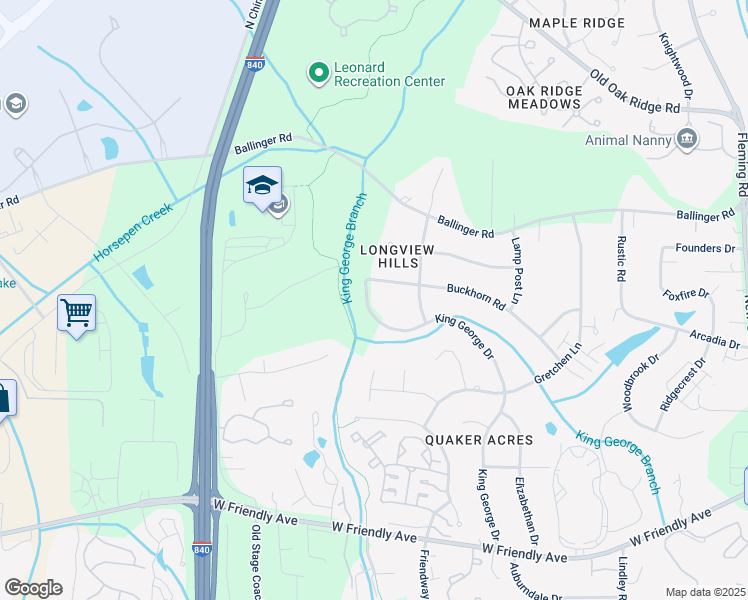 map of restaurants, bars, coffee shops, grocery stores, and more near 1312 King George Drive in Greensboro