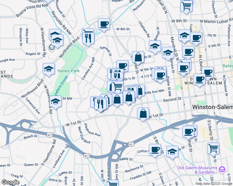 map of restaurants, bars, coffee shops, grocery stores, and more near 940 Burke Street in Winston-Salem