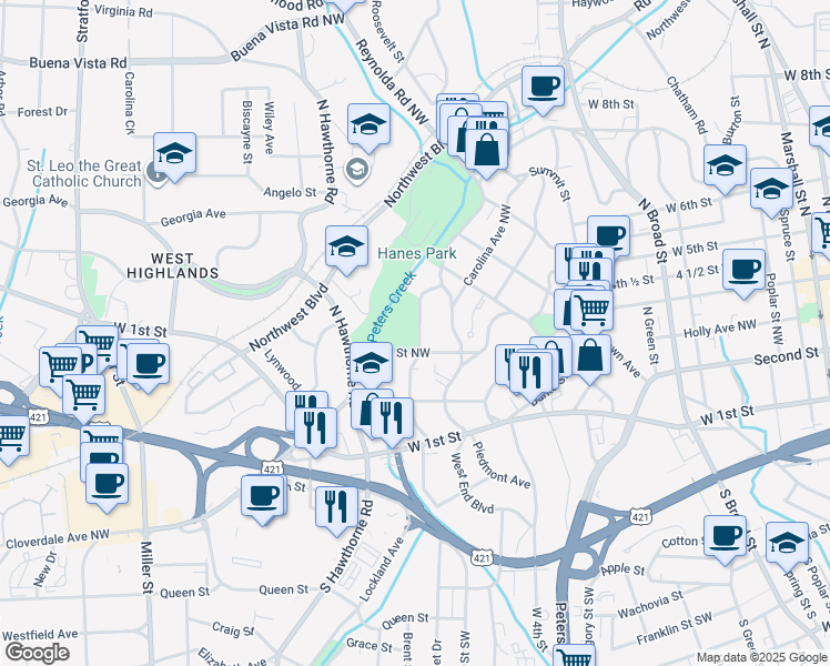 map of restaurants, bars, coffee shops, grocery stores, and more near 70430 North Sunset Drive in Winston-Salem