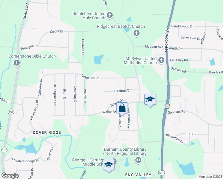 map of restaurants, bars, coffee shops, grocery stores, and more near 512 Birchrun Drive in Durham