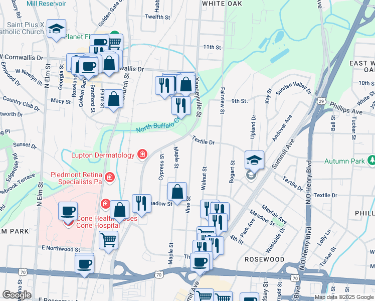 map of restaurants, bars, coffee shops, grocery stores, and more near 1417 Vine Street in Greensboro