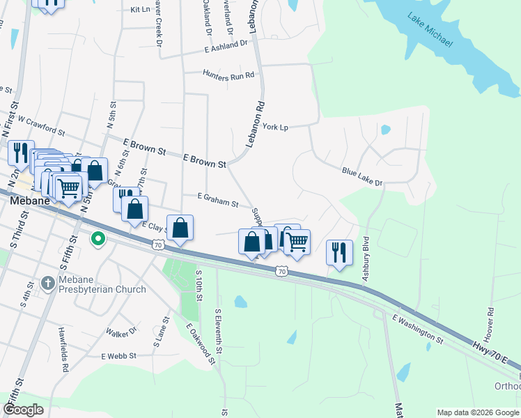 map of restaurants, bars, coffee shops, grocery stores, and more near 315 Supper Club Road in Mebane