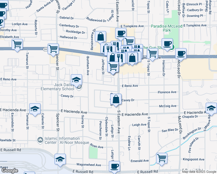map of restaurants, bars, coffee shops, grocery stores, and more near 2338 Florence Avenue in Las Vegas