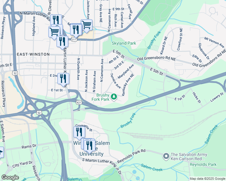 map of restaurants, bars, coffee shops, grocery stores, and more near 1829 Kentucky Avenue Northeast in Winston-Salem