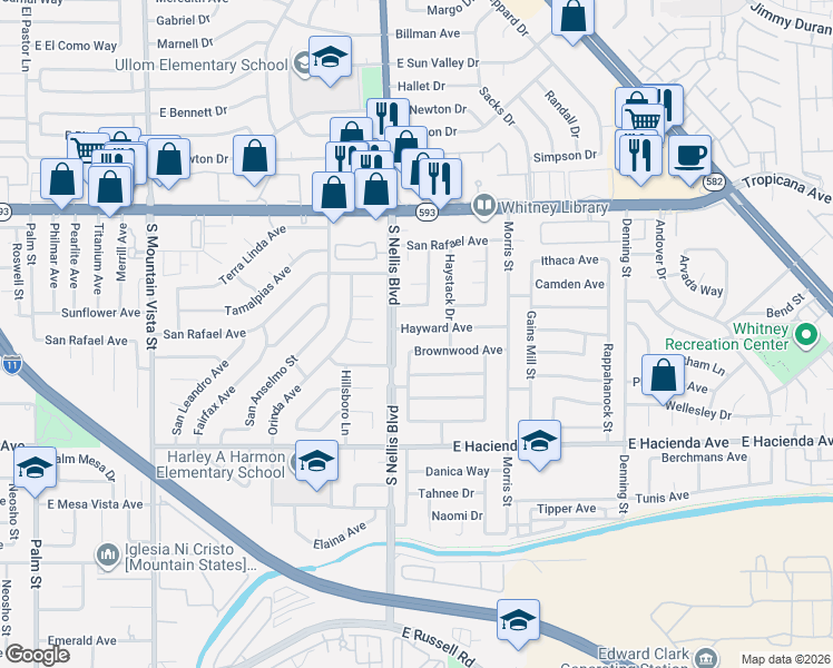 map of restaurants, bars, coffee shops, grocery stores, and more near 5115 Timberwood Street in Las Vegas
