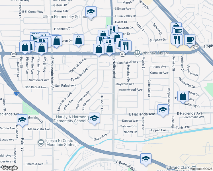 map of restaurants, bars, coffee shops, grocery stores, and more near 4963 Becky Place in Las Vegas