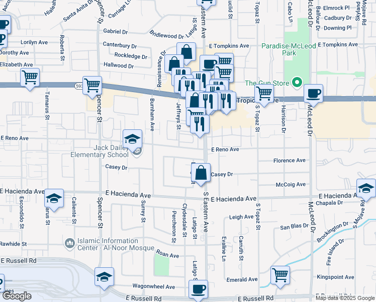 map of restaurants, bars, coffee shops, grocery stores, and more near 2338 Florence Avenue in Las Vegas