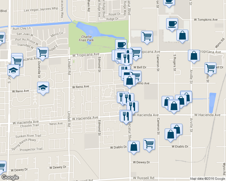 map of restaurants, bars, coffee shops, grocery stores, and more near 5125 West Reno Avenue in Las Vegas