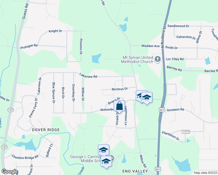 map of restaurants, bars, coffee shops, grocery stores, and more near 512 Birchrun Drive in Durham